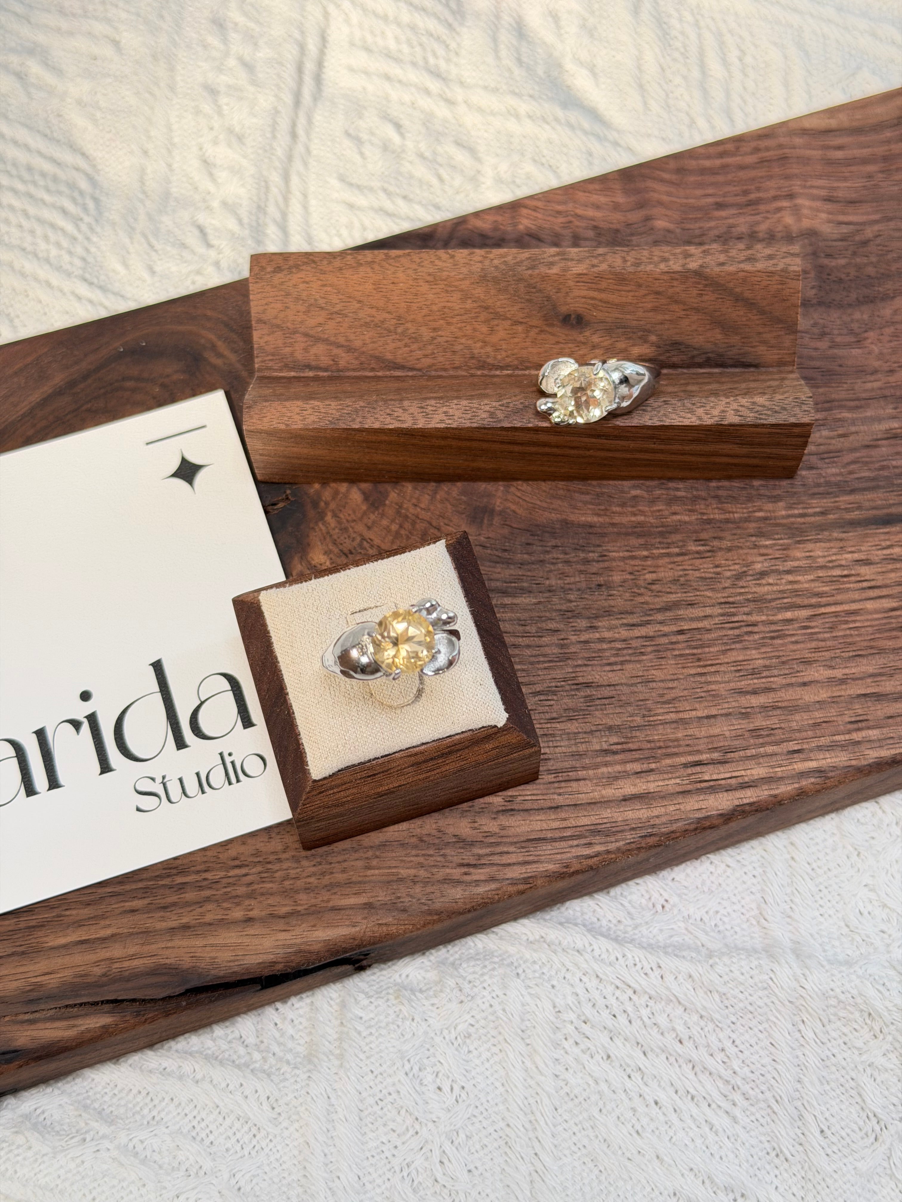 黃水晶花苞鈦鋼戒指