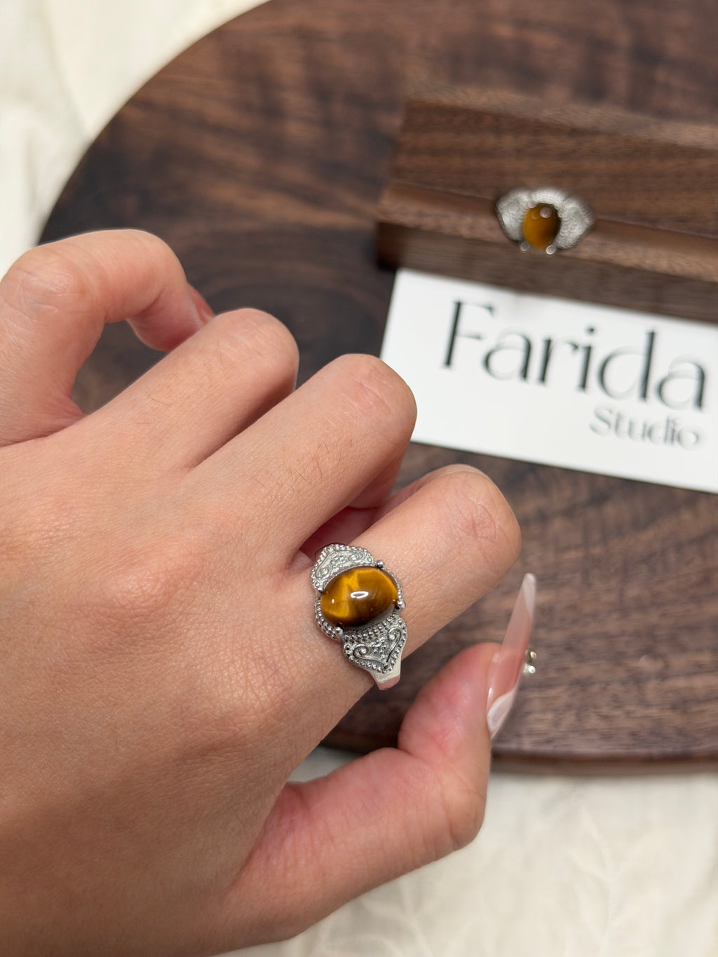 復古愛心虎眼石戒指