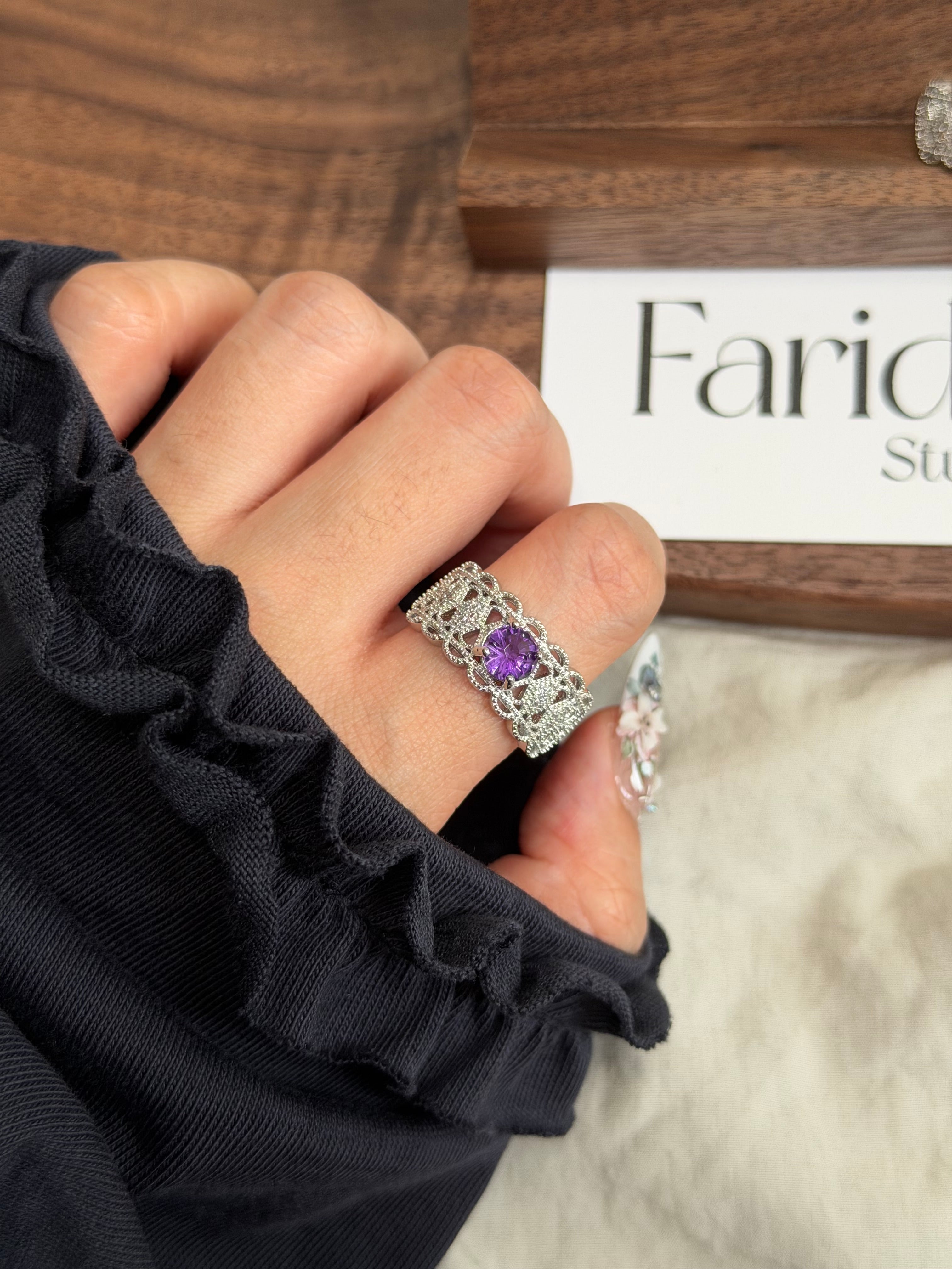 蕾絲紫水晶寬戒指