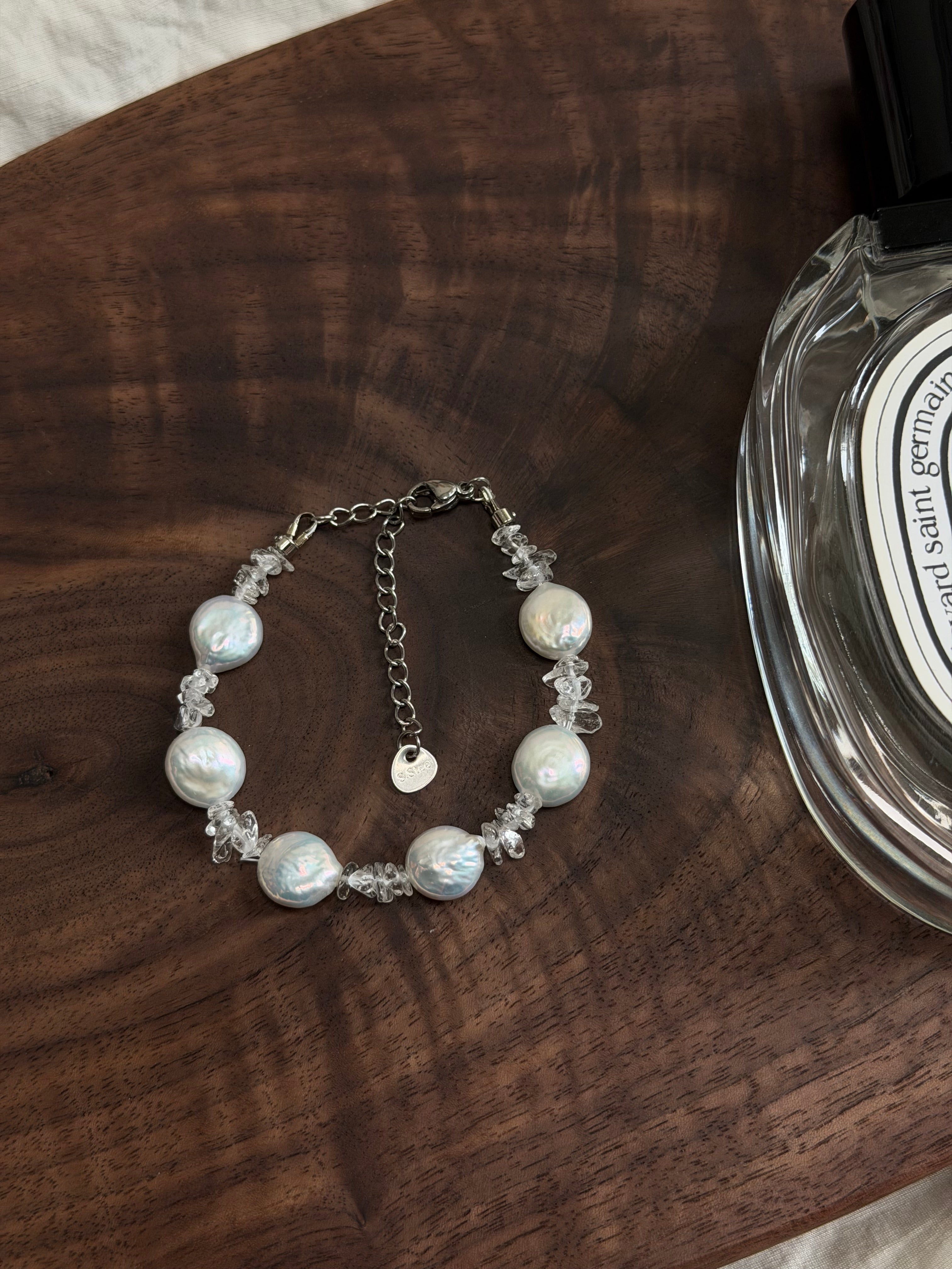 白水晶鈕扣珍珠手鏈