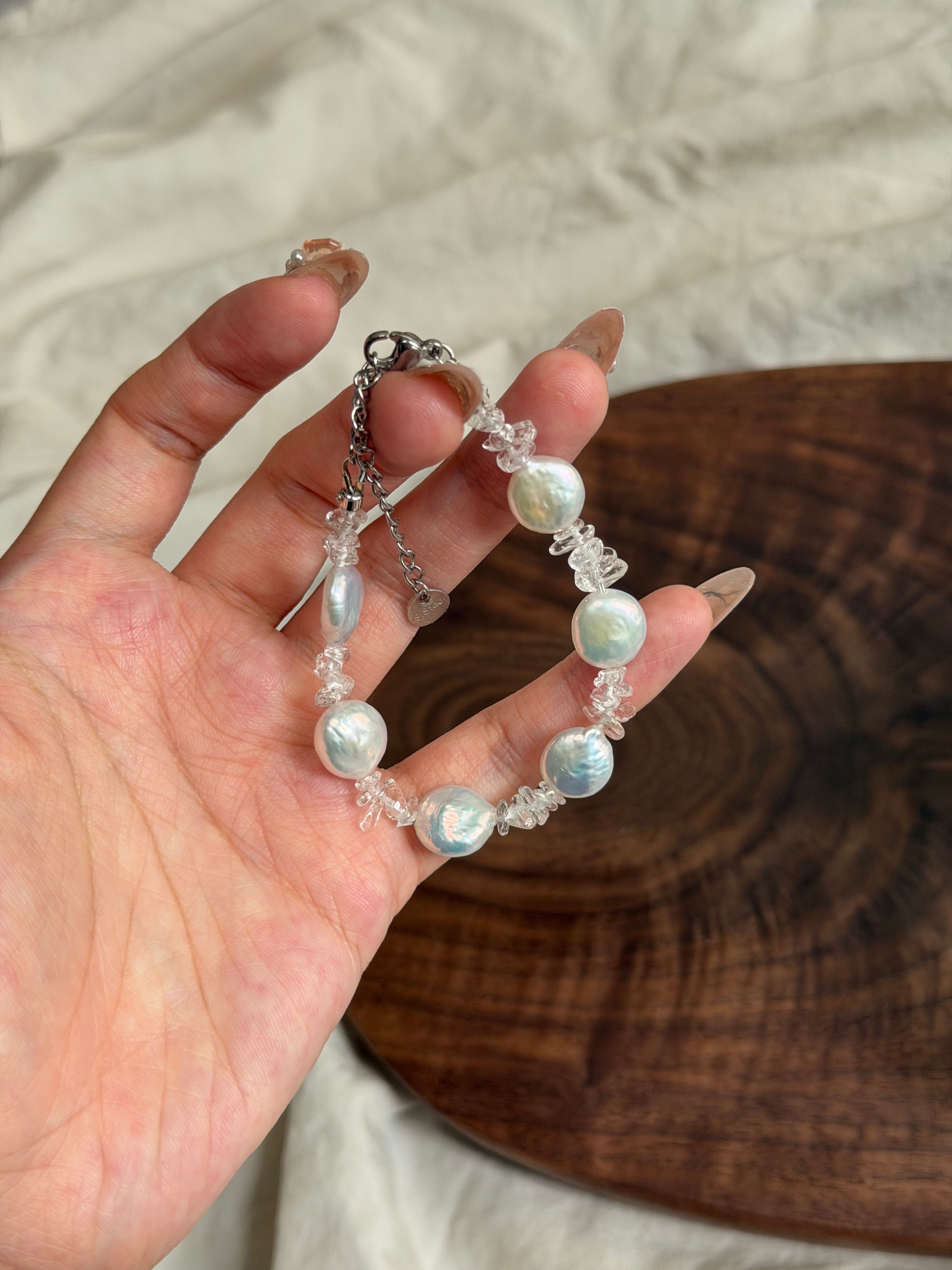 白水晶鈕扣珍珠手鏈