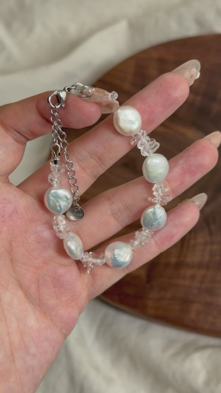 白水晶鈕扣珍珠手鏈